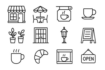 Cozy Caf&eacute; Icons. Street Caf&eacute;. Line outline icon set of cozy coffee shop exteriors: corner caf&eacute; building,