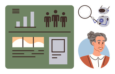 Interactive data dashboard with charts and user profiles, accompanied by an AI robot analyzing with a magnifying glass and a senior womans avatar. Ideal for data, AI, analytics, tech, elders
