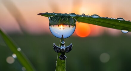Close-up of a tiny bird perched on a green blade of grass with a water droplet reflecting the sunset in the background during a peaceful evening scene