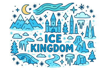 Fototapeta premium Enchanted Ice Kingdom. Ice kingdom. Hand-drawn doodle illustration of ice kingdom. Ice castle, snowy mountains