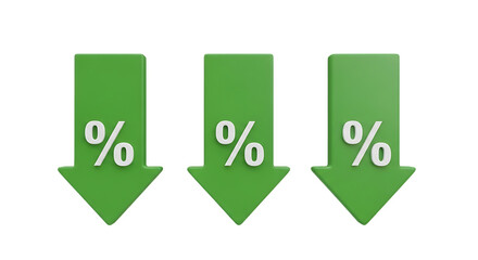 Illustration of three green arrows with percentage sign isolated on transparent background