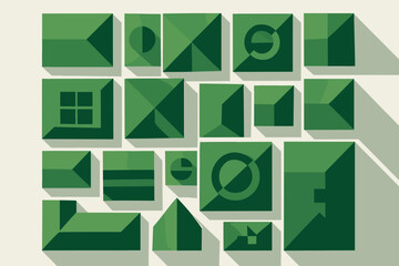 Geometric Rooftop Cityscape. Rooftops aerial. geometric sans heavy, flat fills, long angled shadows,