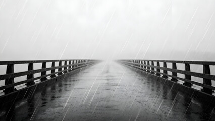 A long bridge disappears into a foggy landscape under heavy rain, ideal for atmospheric backgrounds or travel-themed projects.