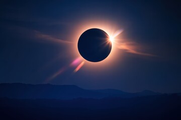 Witness the breathtaking total solar eclipse casting its shadow over mountains, a powerful symbol of cosmic events and celestial wonders for science