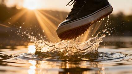 A sneaker splashing water while jumping, illuminated by sunset, ideal for outdoor activity promotions.
