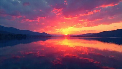 Obraz premium A tranquil lake reflecting a vibrant, colorful sunset over a distant, silhouetted forest edge. A perfectly calm lake reflecting a vibrant and colorful sunset. The sky is a dramatic mix of oranges,