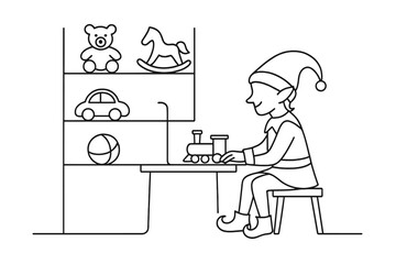 Minimalist Elf Workshop. North Pole Workshop. Minimalistic one-line drawing elf working beside toy shelves,