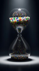 An elegant hourglass filled with colorful beads and sand, symbolizing the passage of time and the importance of patience and persistence in life