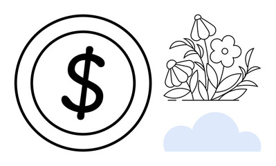 Coin with dollar sign beside blooming flowers and a cloud suggesting financial growth, prosperity, eco-consciousness, and sustainability. Ideal for nature finance, investment, eco-balance themes
