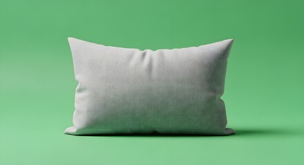 A plain, light gray pillow resting on a smooth, pastel green background, creating a simple and clean visual presentation suitable for home decor or interior design themes