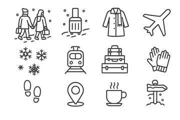 Winter Travel Icons. Snowy Journey. Line outline icon set of winter travel couple scenes: couple walking in