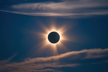 Witness the stunning total solar eclipse casting a magical glow across the sky with thin clouds enhancing the dramatic celestial event
