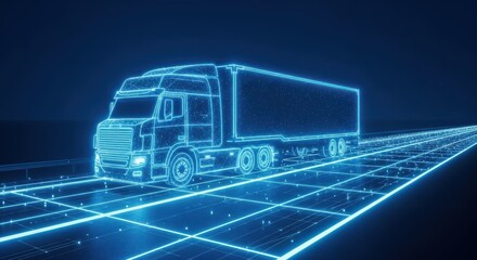 Autonomous Truck Driving on a Digital Highway, Represented by Blue Wireframe and Holographic Lines.