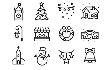 Christmas Icon Set. Christmas Old Town Square. Line outline icon set of festive holiday streets: clock tower,