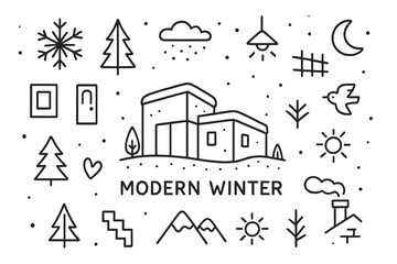 Minimalist Winter Doodles. Modern Winter. Hand-drawn doodle illustration of minimalist modern architecture in