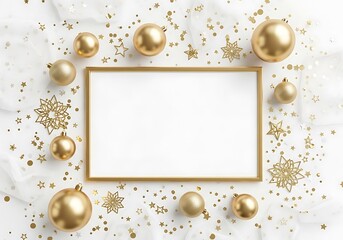 Fototapeta premium Golden christmas ornaments and confetti frame blank white space