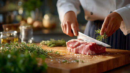 Chef chopping meat on a board with knife. Fresh meat prepared for cooking on a kitchen.