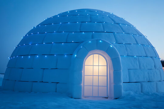 Illuminated ice igloo home in snowy landscape at dusk