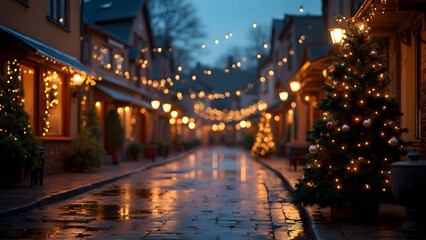 a cozy, illuminated street at dusk, with Christmas lights strung overhead, a decorated tree