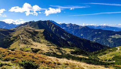 Majestic Alpine Vista - A Breathtaking Mountain Landscape Under a Blue Sky.