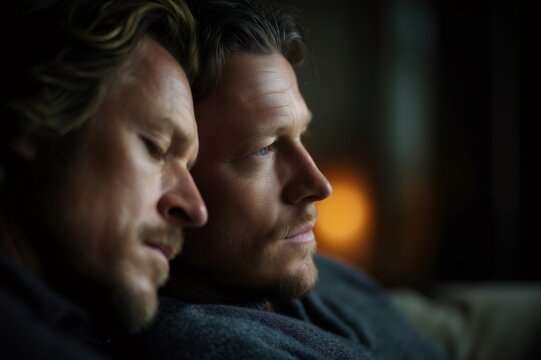Two men embracing displaying comfort and intimacy
