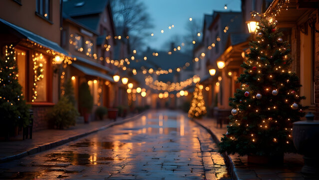 a cozy, illuminated street at dusk, with Christmas lights strung overhead, a decorated tree