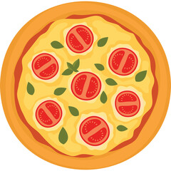 Top Down View of a Delicious Margherita Pizza with Tomato Slices and Fresh Basil on a Transparent Background