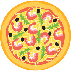 Top Down View Of Shrimp And Olive Pizza With Cheese And Arugula On A Transparent Background
