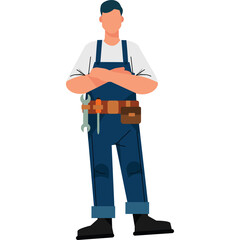 A Male Construction Worker Wearing Blue Overalls And A White T Shirt Standing With Arms Crossed And A Tool Belt Around His Waist With A Wrench Attached In A Studio Setting