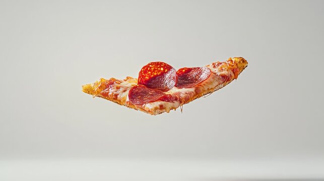Photography of a thin croast but delicious slice of pizza of pepperoni with cheese floating in a white background, studio light, Canon EF 24-70 f4L IS USM