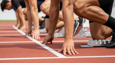 Close-up of Runners in Starting Blocks Ready for Sprint Race on Red Running Track.