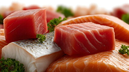 Fresh raw salmon with tuna slices, a healthy gourmet seafood dinner or sushi cuisine isolate on white background