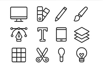 Graphic Design Icons. Graphic design. Line outline icon set of graphic design: computer monitor, color palette