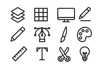 Fototapeta premium Creative Tools Icon Set. Creative workflow. Line outline icon set of creative workflow: layers, grid, computer