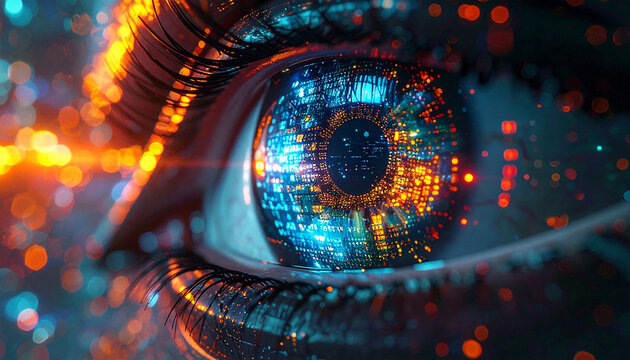 Cybernetic Gaze: A close-up view of an eye augmented with technological circuits and digital elements, hinting at a futuristic integration of human vision with advanced technology. - Powered by Adobe