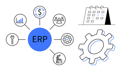 ERP system centralized in a network with icons for finance, analytics, planning, tools, teamwork, and productivity. Ideal for process optimization, resource management, cost control workflow