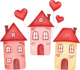 Cute houses and red hearts