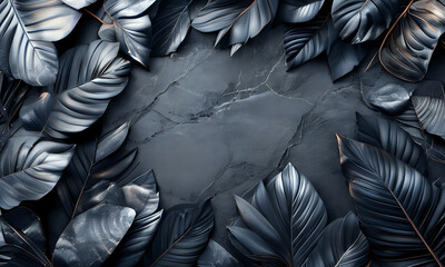 Obraz premium Elegant dark botanical background featuring glossy leaves arranged over a textured stone surface. Premium minimal nature design perfect for packaging, branding, luxury product promotion cosmetics