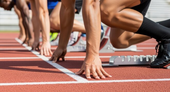 Close-up of Runners in Starting Blocks Ready for Sprint Race on Red Running Track.
