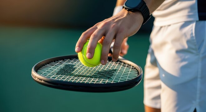 Close-up of Tennis Player's Hand Placing Ball on Racket Strings Before Serving on Outdoor Court.