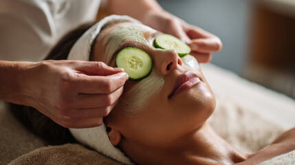 Cucumber facial spa treatment skincare wellness relaxation beauty woman face mask cucumber slice massage therapist calm serene rejuvenation