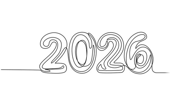 2026 year continuous line art clip self drawing animation on white black background. Full length animation, vertically single one line art outline illustration 2026 year numbers video. New year line.