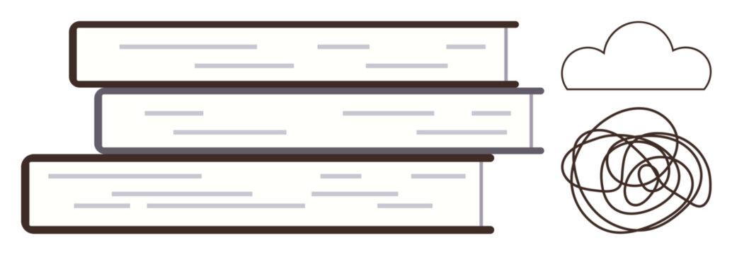 Stack of books alongside a cloud and a scribble denoting knowledge, ideas, and thought processes. Ideal for education, knowledge, creativity, learning, brainstorming, literature abstract concepts
