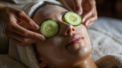 Spa skincare facial cucumber mask relaxation wellness beauty treatment serene soothing facial with cucumber slices and hydrating mask promotes