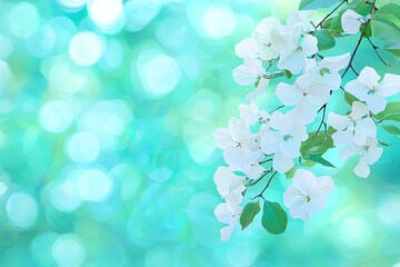 White Dogwood Flowers Blooming on Branch with Bokeh Teal Background