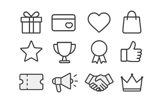 Reward Program Icons. Reward programs. Line outline icon set of reward programs: gift box, loyalty card, heart