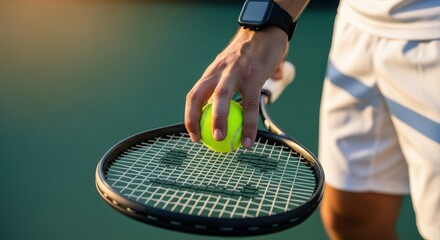 Close-up of Tennis Player's Hand Placing Ball on Racket Strings Before Serving on Outdoor Court.