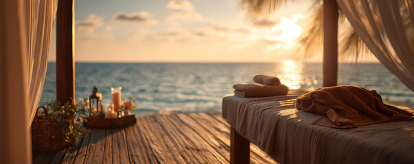 Seaside spa massage table sunset light tropical palm serene relaxing coastal retreat wooden deck linen towel