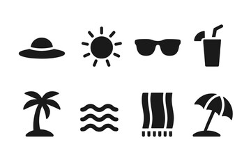 Sunshine Icon Set. Sunshine Day. Filled icon set of Sunshine Day: sunhat, sun, sunglasses, drink, palm tree,