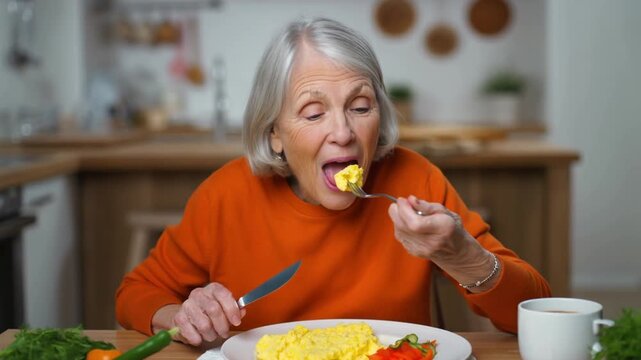A senior woman enjoying a meal. The woman is taking a bite of food, with a fork in one hand and a knife in the other, seated at a table. Stock Video